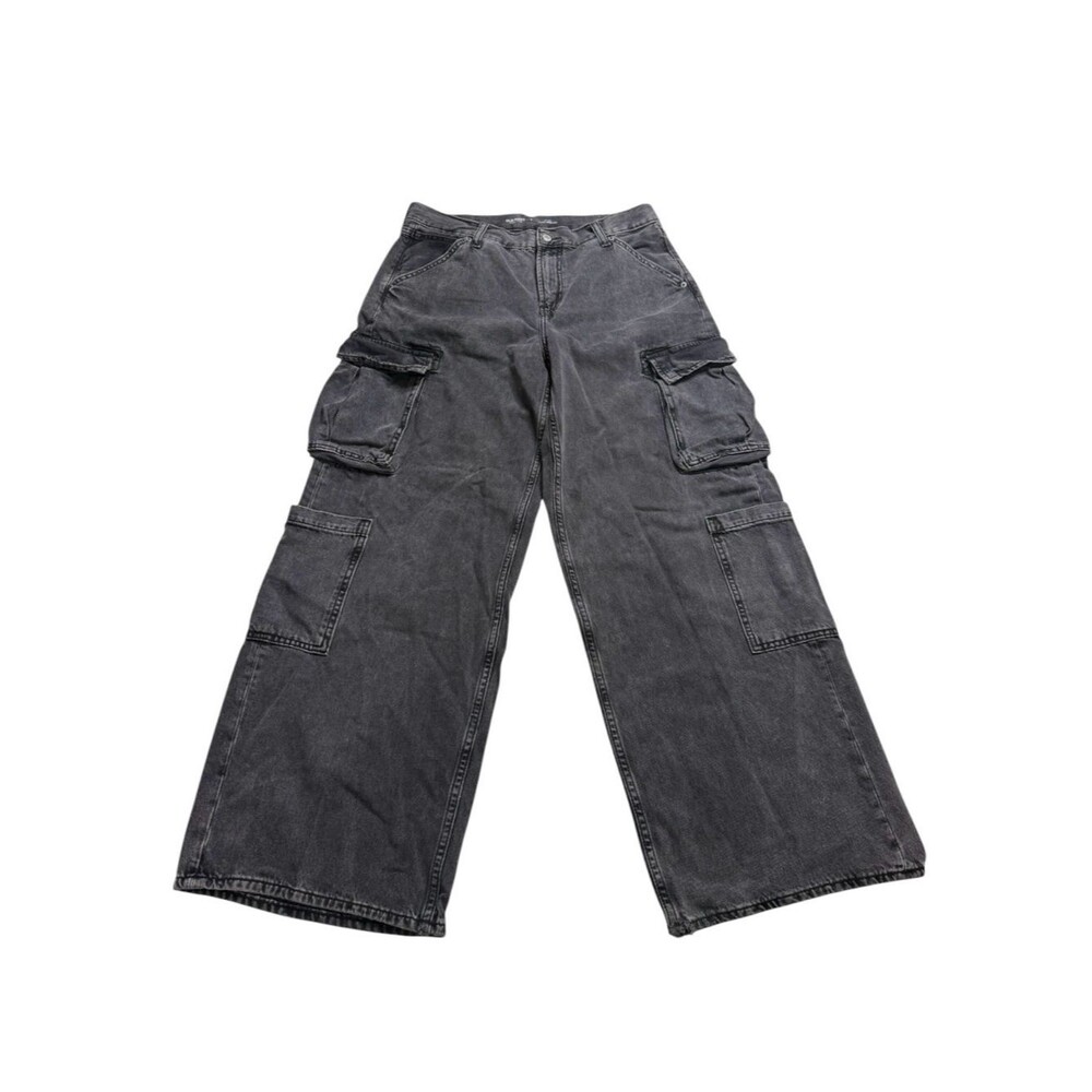 Old Navy Drapey Denim Mid Rise Baggy Wide Leg Cargo Jeans Faded Black Sz 8